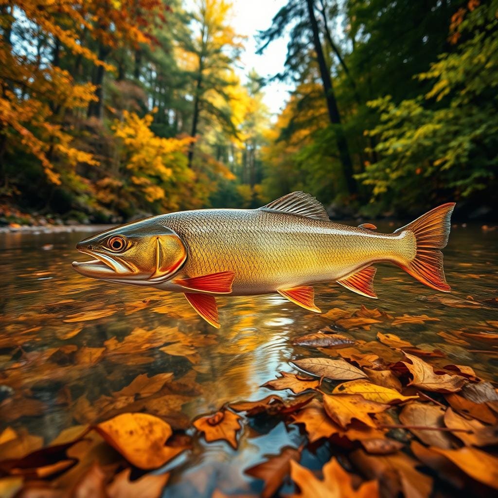 A vibrant autumn landscape with a central focus on a sauger fish, its streamlined body gliding through a crystalline river. The fish's scales shimmer in the soft, warm lighting, reflecting the golden hues of the surrounding foliage. The riverbed is littered with fallen leaves, hinting at the seasonal transition. In the background, a lush, verdant forest frames the scene, with trees in various stages of autumn transformation. The composition emphasizes the sauger's dominance in the ecosystem, conveying its role as a primary predator during this time of year. The overall mood is one of tranquility and abundance, capturing the essence of the sauger's autumn dietary preferences. A vibrant autumn landscape with a central focus on a sauger fish, its streamlined body gliding through a crystalline river. The fish's scales shimmer in the soft, warm lighting, reflecting the golden hues of the surrounding foliage. The riverbed is littered with fallen leaves, hinting at the seasonal transition. In the background, a lush, verdant forest frames the scene, with trees in various stages of autumn transformation. The composition emphasizes the sauger's dominance in the ecosystem, conveying its role as a primary predator during this time of year. The overall mood is one of tranquility and abundance, capturing the essence of the sauger's autumn dietary preferences.
