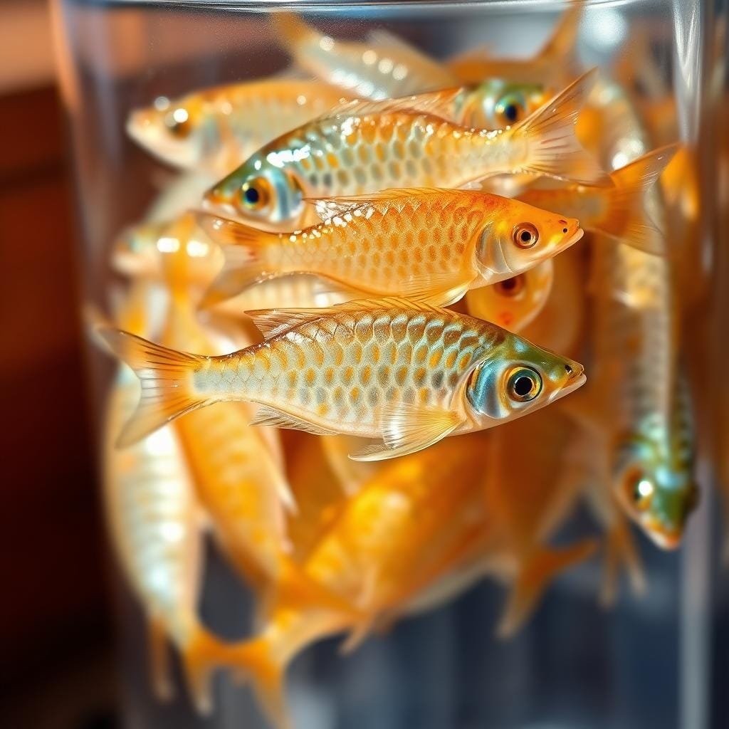 A vibrant close-up of several live pumpkinseed bait fish, their bright orange and blue hues glistening under warm natural lighting. The fish are suspended in a crystal-clear glass jar or container, allowing for a detailed examination of their distinctive features. The foreground is in sharp focus, with a shallow depth of field blurring the background to emphasize the bait. The composition is balanced, with the bait positioned centrally to draw the viewer's eye. The overall mood is one of excitement and anticipation, hinting at the promise of a successful pumpkinseed fishing trip. A vibrant close-up of several live pumpkinseed bait fish, their bright orange and blue hues glistening under warm natural lighting. The fish are suspended in a crystal-clear glass jar or container, allowing for a detailed examination of their distinctive features. The foreground is in sharp focus, with a shallow depth of field blurring the background to emphasize the bait. The composition is balanced, with the bait positioned centrally to draw the viewer's eye. The overall mood is one of excitement and anticipation, hinting at the promise of a successful pumpkinseed fishing trip.