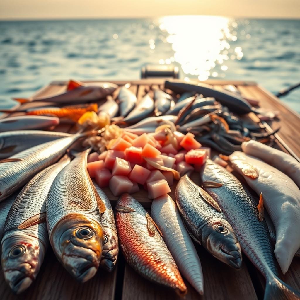A vibrant close-up of various fresh bait options for shark fishing, arranged on a wooden dock. In the foreground, a selection of whole fish, including mackerel, bonito, and mullet, glistening with natural oils. In the middle ground, an array of cut-up bait pieces, such as chunks of oily tuna and strips of squid, ready to be threaded onto hooks. The background features a calm, sun-dappled ocean with a distant horizon, setting an enticing scene for a successful shark-fishing expedition. Soft, warm lighting illuminates the scene, highlighting the textures and colors of the bait, creating a visually compelling and informative composition.