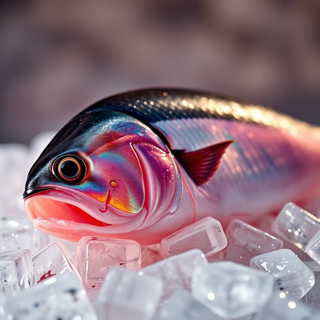 A vibrant, close-up photograph of the most enticing bait for sailfish. Glistening, iridescent mackerel fillet, its fresh pink flesh gently curved, resting on a bed of glistening ice cubes. Dramatic, directional lighting casts dramatic shadows, accentuating the succulent texture. The bait is positioned against a hazy, out-of-focus background, drawing the viewer's eye directly to the alluring, high-contrast subject. The overall mood is one of appetizing anticipation, inviting the viewer to imagine the thrill of the sailfish strike.