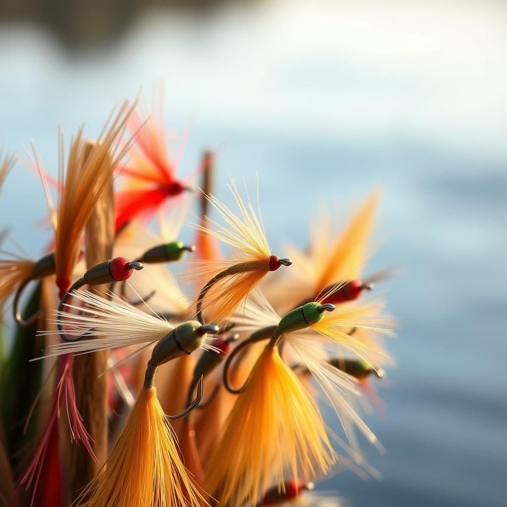A vibrant collection of intricately tied jigs and bucktails, each a testament to the angler's skill and the lure's potential. The foreground showcases an array of meticulously crafted baits, their hooks gleaming and tails swaying in the gentle breeze. The middle ground reveals a diverse palette of color and texture, from the muted earth tones of feathered jigs to the vibrant hues of marabou-tailed bucktails. In the background, a softly blurred natural setting evokes the tranquil environments where these lures come to life, ready to tempt the elusive walleye. Warm, natural lighting casts a subtle glow, highlighting the craftsmanship and attention to detail that define these power and finesse-inducing fishing tools.