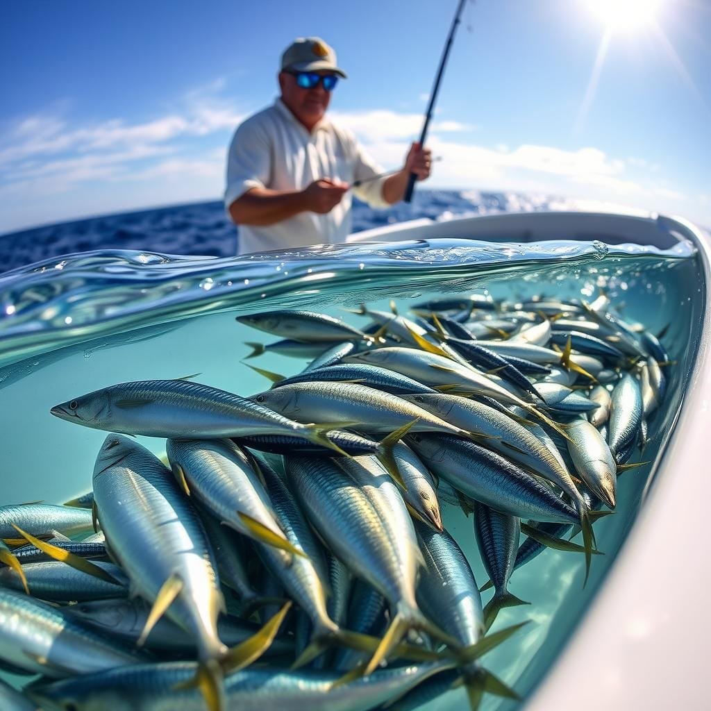 A vibrant offshore scene with a variety of live bait glistening in the sunlight. In the foreground, a selection of lively sardines, shimmering anchovies, and energetic ballyhoo swim gracefully in a clear baitwell. In the middle ground, a fisherman carefully selects the perfect bait, ready to tempt the predatory tuna lurking in the deep blue waters. The background showcases the vast expanse of the open ocean, with the sun's rays dancing on the gentle swells. Crisp, high-resolution details capture the natural texture and movement of the live bait, conveying the consistent productivity of this offshore setup.