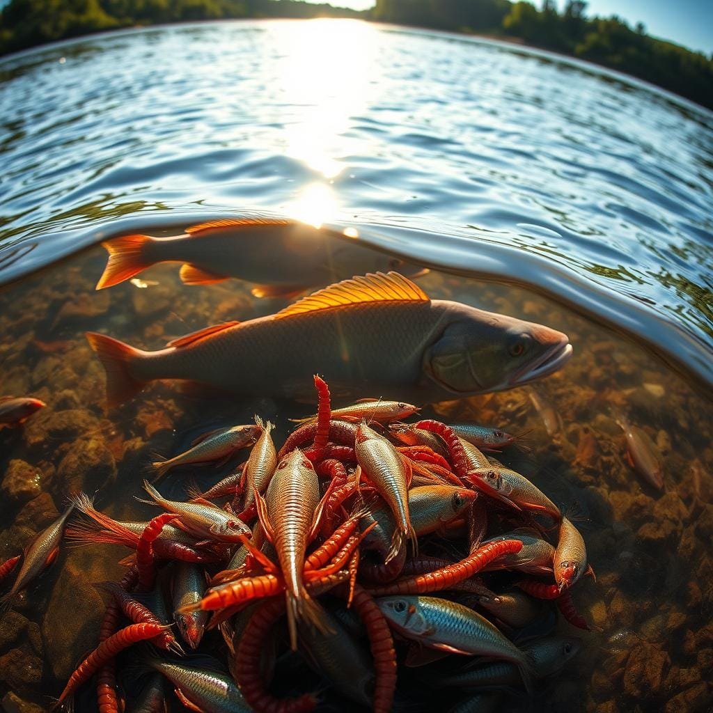 A vibrant scene of lively baitfish swimming in a tranquil riverbed, their scales shimmering under the soft golden glow of the afternoon sun. In the foreground, a cluster of enticing live baits - minnows, crawfish, and nightcrawlers - deftly arranged to tempt the mighty flathead catfish lurking in the shadows. The middle ground reveals the powerful silhouettes of these predatory fish, their whiskers twitching as they prepare to strike. The background depicts a serene, rippling river with lush, verdant banks, creating a naturalistic and immersive environment. Captured with a wide-angle lens to emphasize the depth and scale of the scene, this image evokes the thrill of trophy flathead fishing and the irresistible allure of live bait.
