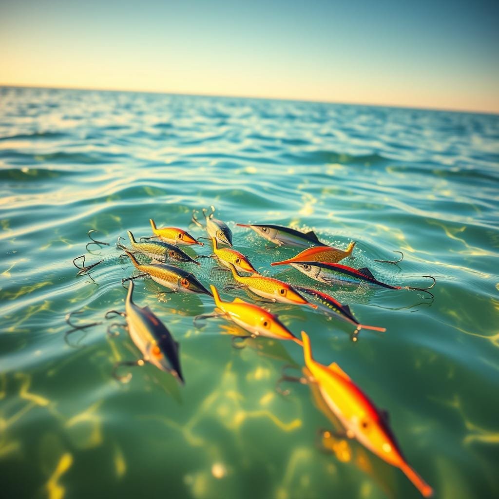A vibrant seascape with a variety of marlin lures floating on the surface of the water. The lures are arranged in a strategic pattern, each one a unique color and design that would attract the attention of a marlin. The scene is bathed in warm, golden sunlight, creating a sense of depth and contrast. The water appears crystal clear, with subtle reflections and ripples that add to the realism. In the background, a distant horizon line separates the sea from a clear, azure sky. The overall composition conveys a sense of movement and anticipation, as if the lures are about to entice a powerful marlin to strike. A vibrant seascape with a variety of marlin lures floating on the surface of the water. The lures are arranged in a strategic pattern, each one a unique color and design that would attract the attention of a marlin. The scene is bathed in warm, golden sunlight, creating a sense of depth and contrast. The water appears crystal clear, with subtle reflections and ripples that add to the realism. In the background, a distant horizon line separates the sea from a clear, azure sky. The overall composition conveys a sense of movement and anticipation, as if the lures are about to entice a powerful marlin to strike.