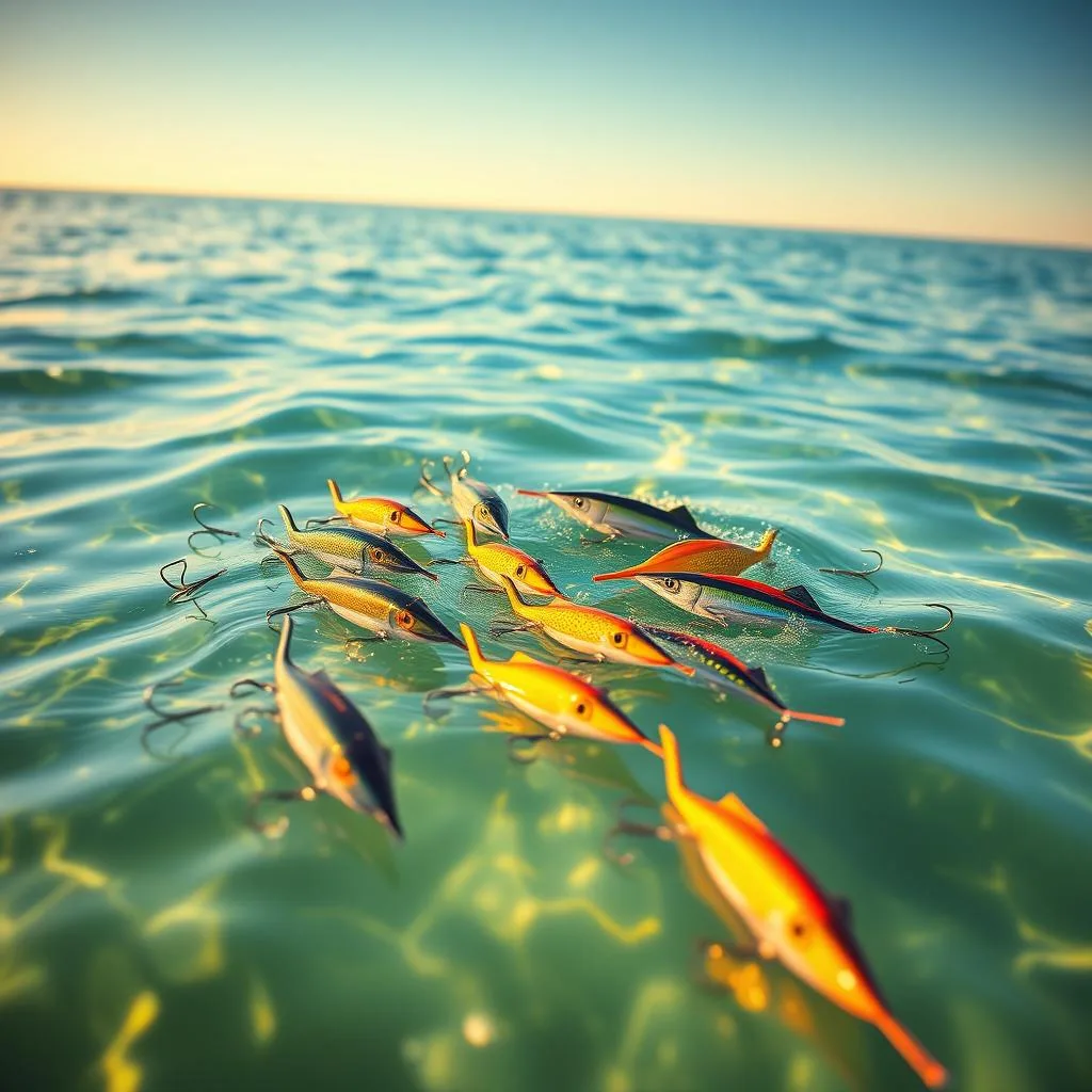 A vibrant seascape with a variety of marlin lures floating on the surface of the water. The lures are arranged in a strategic pattern, each one a unique color and design that would attract the attention of a marlin. The scene is bathed in warm, golden sunlight, creating a sense of depth and contrast. The water appears crystal clear, with subtle reflections and ripples that add to the realism. In the background, a distant horizon line separates the sea from a clear, azure sky. The overall composition conveys a sense of movement and anticipation, as if the lures are about to entice a powerful marlin to strike. A vibrant seascape with a variety of marlin lures floating on the surface of the water. The lures are arranged in a strategic pattern, each one a unique color and design that would attract the attention of a marlin. The scene is bathed in warm, golden sunlight, creating a sense of depth and contrast. The water appears crystal clear, with subtle reflections and ripples that add to the realism. In the background, a distant horizon line separates the sea from a clear, azure sky. The overall composition conveys a sense of movement and anticipation, as if the lures are about to entice a powerful marlin to strike.