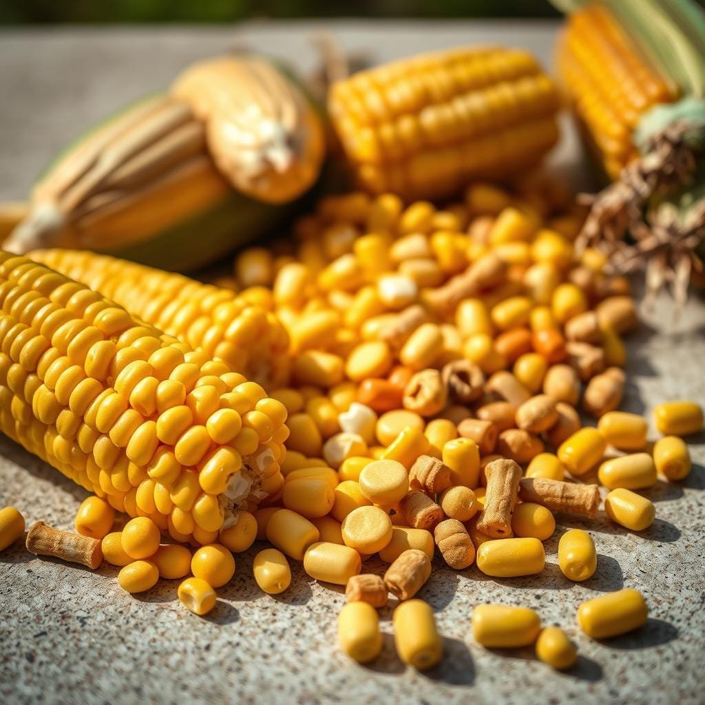 A vibrant still life composition depicting an array of sweet corn and corn-based carp baits. In the foreground, plump golden kernels of fresh corn rest alongside realistic corn-shaped baits, their textures and colors inviting. In the middle ground, an assortment of corn-based boilies, pellets, and dumbells in various hues of yellow and orange are scattered across a neutral surface. The background is softly blurred, allowing the bait items to take center stage under natural, soft lighting that casts gentle shadows. The overall mood is one of appetizing abundance, highlighting the versatility and effectiveness of these classic carp attractants.