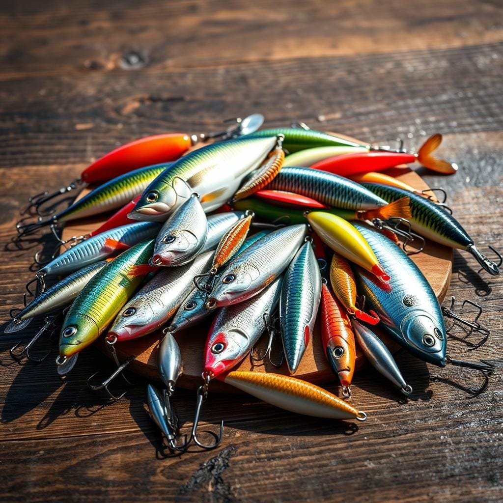 A vibrant still life composition showcasing an array of top-performing artificial sea bass baits and teasers. Centered on a wooden surface, the scene features a diverse selection of lures, including soft plastic swimbaits, metal spoons, and lifelike crankbaits, all expertly crafted to mimic the movements and colors of natural prey. The lighting is crisp and directional, casting dramatic shadows and highlights that accentuate the intricate details of each lure. The overall mood is one of confident allure, hinting at the superior fish-catching abilities of these carefully engineered artificial baits. The composition is balanced and visually striking, inviting the viewer to imagine the thrill of a sea bass strike.