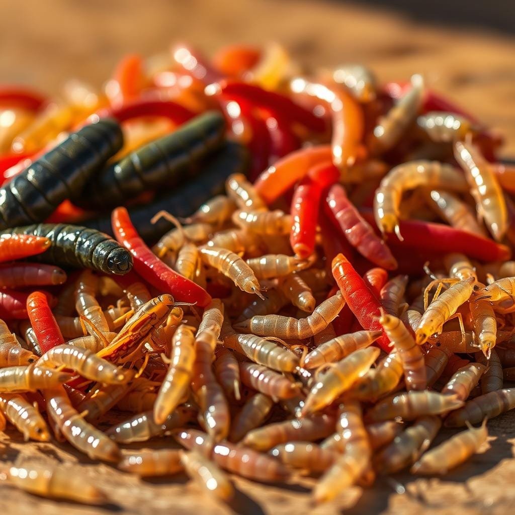 A vibrant still life featuring an assortment of live baits that bluegill find irresistible. In the foreground, a cluster of glistening nightcrawlers and plump redworms wriggle amidst a scattering of golden-brown crickets and translucent wax worms. The middle ground showcases a handful of shimmering maggots, their segmented bodies gently pulsing. The background is softly blurred, allowing the textures and colors of the baits to take center stage under warm, natural lighting that casts subtle shadows. Captured with a shallow depth of field to emphasize the tactile, alluring qualities of these effective bluegill attractants.