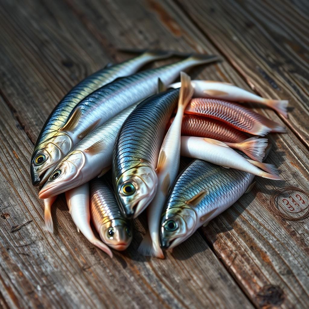 A vibrant still life showcasing a selection of live baits - glistening herring, sleek scad, and feisty pinfish - arranged on a weathered wooden surface. Captured in soft, natural lighting that accentuates their textural details and iridescent scales. The baits are displayed with care, hinting at their role as effective lures for the majestic cobia. The composition is balanced, drawing the viewer's eye to the diverse array of baitfish, inviting contemplation of their importance in successful cobia fishing. An atmospheric scene that celebrates the essence of live bait and the thrill of the cobia catch.