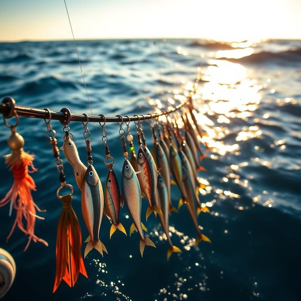 A vibrant trolling spread of lures and baits dances across the azure ocean, casting a hypnotic spell to lure in mighty tuna. In the foreground, an array of meticulously tied hooks, swivels, and shimmering skirts sway with the current. The middle ground reveals an array of lures in diverse colors and shapes, each designed to mimic the movements of the tuna's natural prey. In the background, the sun's golden rays dance across the rolling waves, creating a serene yet dynamic scene. Capture the essence of a well-planned tuna trolling setup, complete with nuanced lighting, depth of field, and a sense of anticipation for the big catch to come.