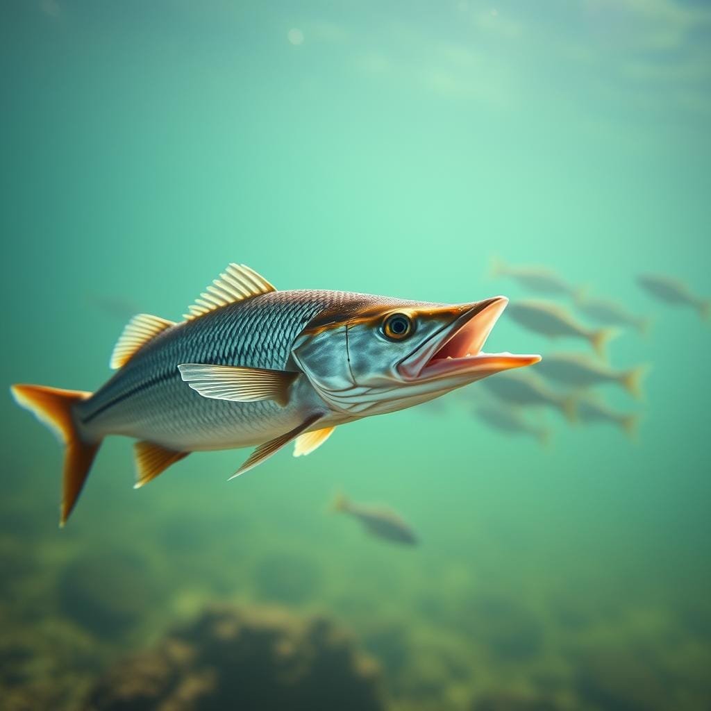 A vibrant underwater scene capturing the hunting prowess of the weakfish. In the foreground, a sleek, muscular weakfish stalks its prey, its fins cutting through the water with precision. Its senses are heightened, detecting the slightest movement and vibrations in the water. The middle ground reveals a school of smaller fish, unaware of the impending strike. Soft, ambient lighting illuminates the scene, casting a warm glow and creating a sense of tranquility, broken only by the sudden explosive burst of the weakfish as it lunges forward, mouth agape, to seize its unsuspecting target. The background is a hazy, blurred seascape, allowing the viewer to focus on the intense predator-prey dynamic unfolding before them.