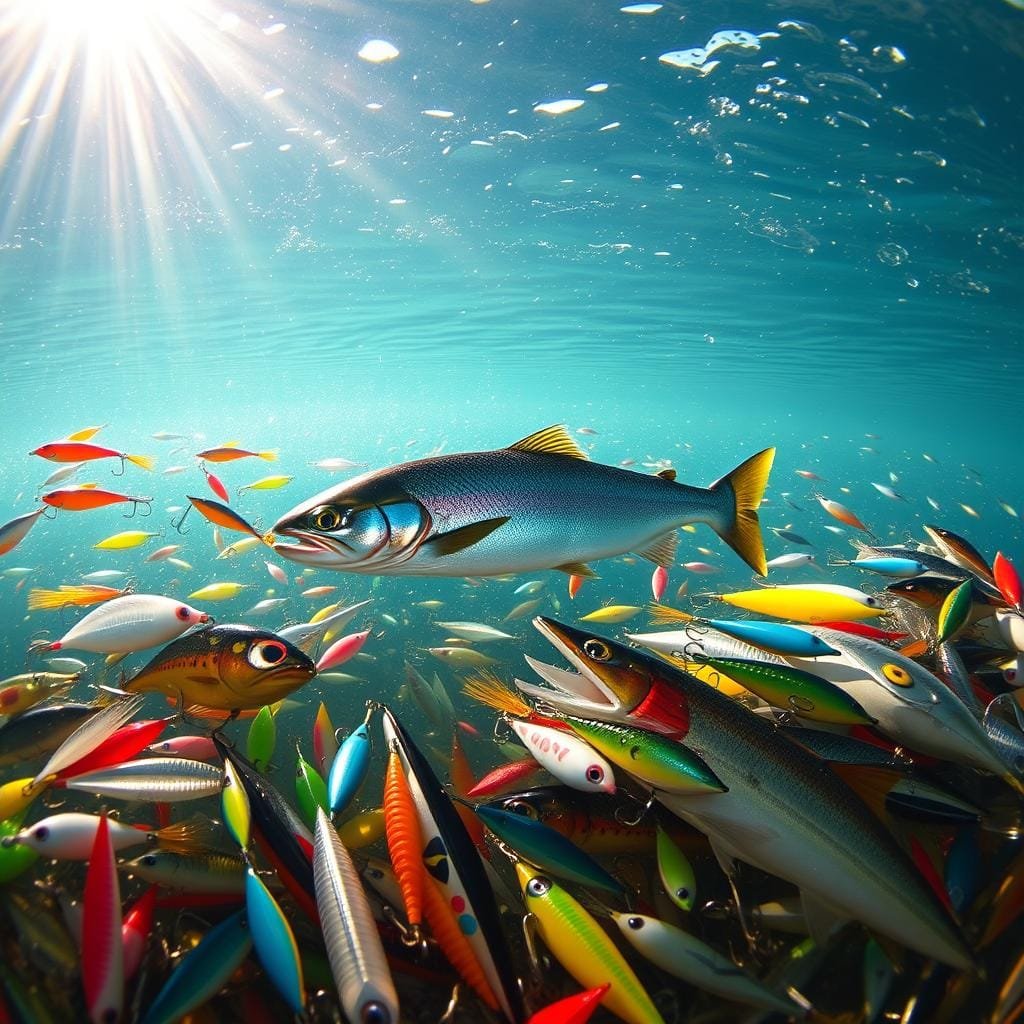 A vibrant underwater scene showcases a variety of kokanee salmon baits. In the foreground, an assortment of lures and baits in different colors and patterns are illuminated by natural sunlight filtering through the water's surface. The middle ground depicts a kokanee salmon swimming amidst the colorful array, its shimmering scales reflecting the changing light. In the background, the depth and clarity of the water gradually fade, creating a sense of depth and mystery. The lighting and color palette shift as the viewer's perspective moves from the shallows to the deeper water, demonstrating the adaptive strategies needed to attract and catch these elusive fish.
