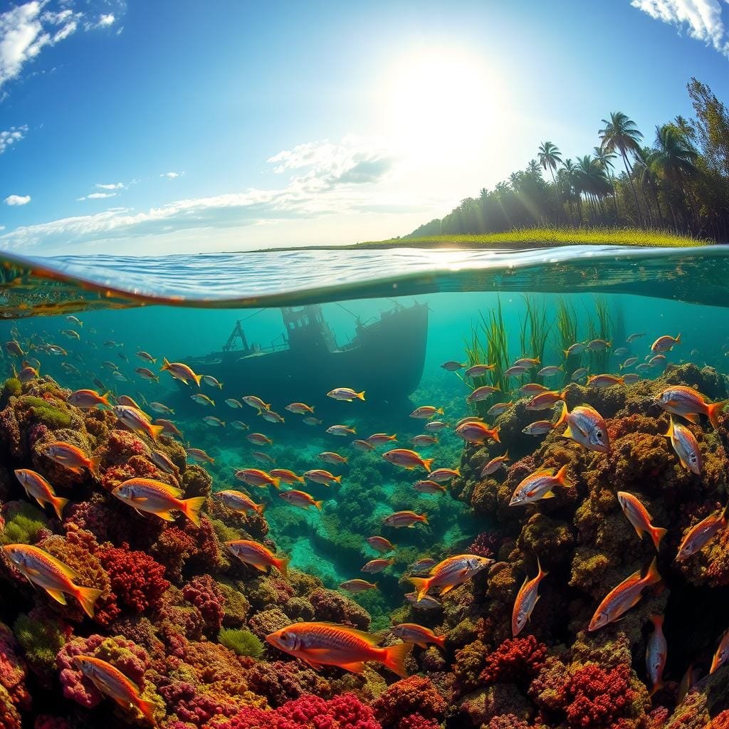 A vibrant underwater scene showcasing the diverse habitats where snappers thrive. In the foreground, a lush coral reef teeming with schools of colorful snapper fish. In the middle ground, a sunken shipwreck partially obscured by swaying seagrass meadows. In the background, the silhouettes of mangrove trees lining the coastal shores, with the sun's rays filtering through the water, casting a warm glow. Lighting is natural and diffused, with a sense of depth and clarity. The camera angle is slightly elevated, providing a panoramic view of the interconnected ecosystems that serve as prime snapper habitat - from inshore to offshore, from shallow to deep.
