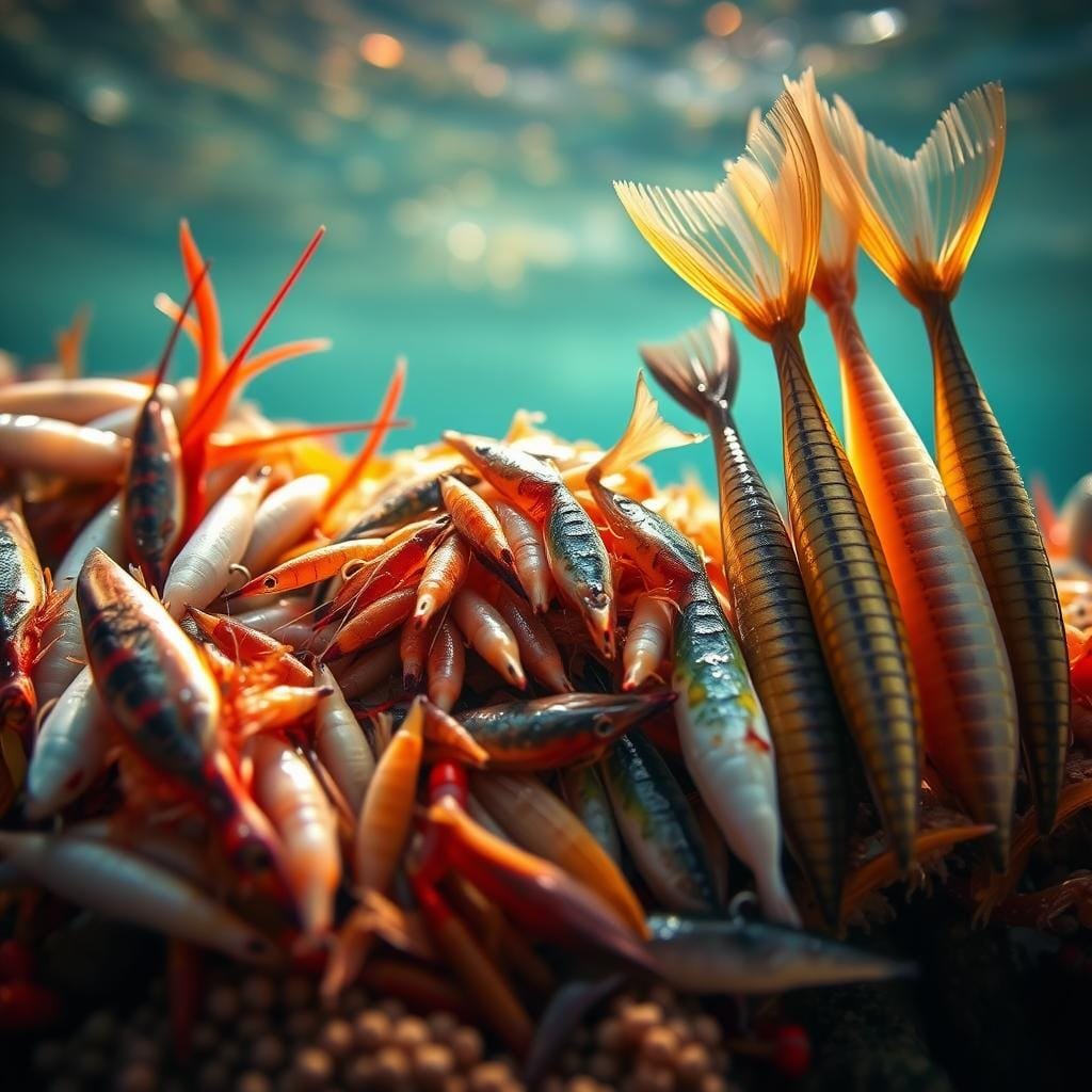 A vibrant underwater scene with various fishing baits in the foreground. In the center, a cluster of live baitfish and shrimp wriggle naturally, their scales glistening. To the left, a selection of expertly rigged dead baits, their lifelike textures and colors enticing nearby predators. On the right, an array of skirt-assisted lures, their translucent skirts undulating in the simulated current, creating an irresistible visual for neutral fish. The background is softly blurred, emphasizing the focal point of the diverse bait presentation. Warm, diffused lighting illuminates the scene, creating a sense of depth and realism. The overall composition is visually striking, showcasing the different bait types that can help anglers target and convert Spanish mackerel.