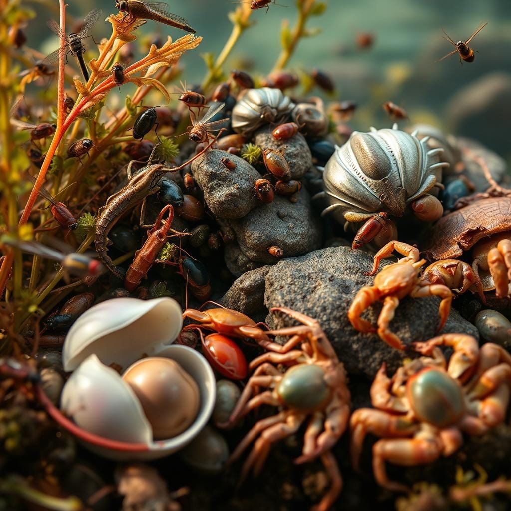 A visually striking tableau of a warmouth's diverse prey, captured in a dynamic, high-resolution close-up. In the foreground, a variety of insects, from delicate dragonflies to scurrying beetles, hover and crawl amidst a tangle of lush aquatic vegetation. In the middle ground, plump mollusks cling to submerged rocks, their iridescent shells glimmering under the warm, diffused lighting. Emerging from the shadows, a trio of crustaceans - a crayfish, a shrimp, and a crab - scuttle across the scene, their articulated limbs and armored carapaces rendered in exquisite detail. The composition is framed by a softly blurred background, hinting at the tranquil, underwater world that the warmouth inhabits, ready to pounce on its diverse array of invertebrate prey.