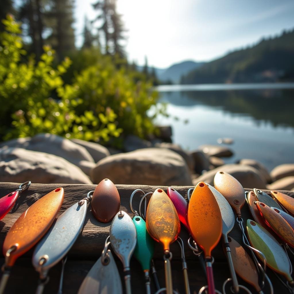 A vivid display of classic spoons for lake trout fishing. In the foreground, an assortment of spoons in various colors and sizes, gleaming under warm, directional lighting that casts dramatic shadows. The middle ground features a natural, lakeside setting with smooth rocks and lush, verdant foliage. In the background, a serene, mirror-like lake reflects the tranquil scene. The overall mood is one of nostalgia and outdoor adventure, capturing the timeless allure of these trusted lures and the thrill of pursuing elusive lake trout. Crisp, high-resolution details bring this classic fishing display to life.