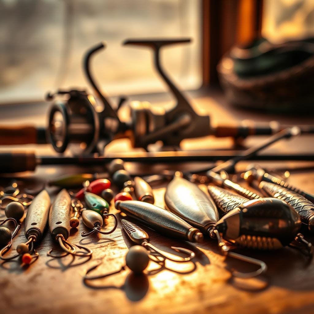 A weathered and well-worn fishing tackle laid out on a wooden surface, illuminated by warm, natural lighting. In the foreground, a selection of fishing lures, hooks, and weights are arranged with precision, showcasing their intricate details. In the middle ground, a high-quality fishing reel and rod stand upright, their sleek lines and polished finishes hinting at their sensitivity and control in strong currents. The background is slightly blurred, drawing the viewer's focus to the carefully curated selection of tackle, conveying a sense of expertise and dedication to the art of fishing.