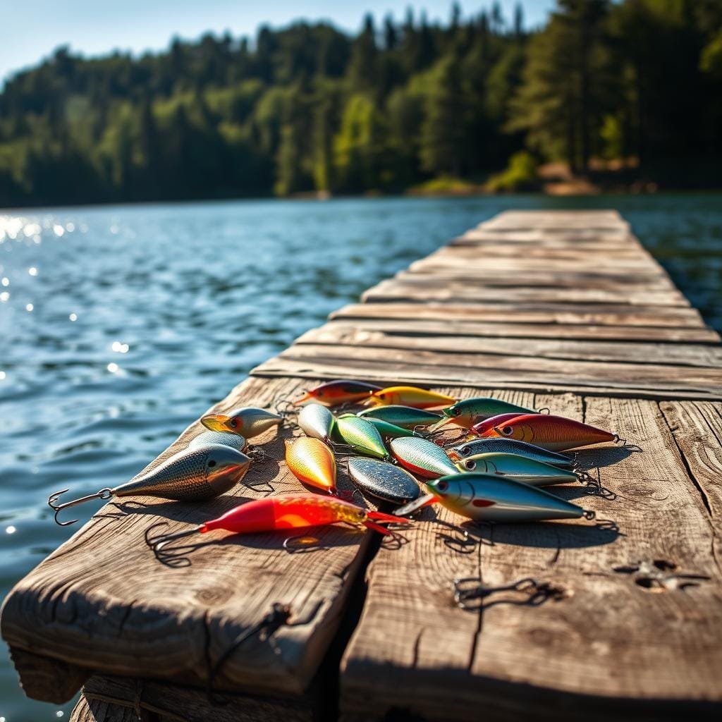 A weathered wooden pier jutting out over a serene, sun-dappled lake. On the pier, an array of alternative fishing lures are artfully arranged - gleaming metal spinners, vibrant soft plastic baits, and intricate topwater plugs. The lures are illuminated by warm, natural lighting, casting dynamic shadows and highlights that accentuate their diverse textures and colors. In the background, a picturesque forested shoreline frames the tranquil scene, hinting at the boundless possibilities for alternative angling approaches when traditional bait is scarce.