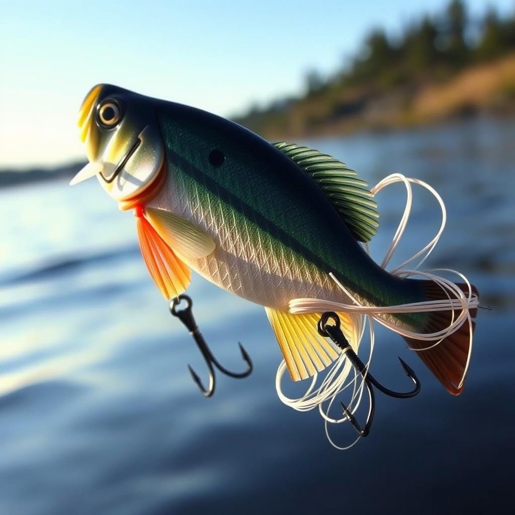 A well-crafted fishing lure, its scent-infused body glistening under soft, natural lighting. The composition showcases the lure's intricate details - lifelike textures, subtly blended colors, and a meticulously rigged, tangle-free presentation. The background depicts a serene, tranquil lake setting, with gently lapping waves and a hint of distant shoreline vegetation. The overall mood evokes a sense of careful preparation and anticipation for a successful Kokanee fishing outing, where the perfect bait is key to a thrilling catch.