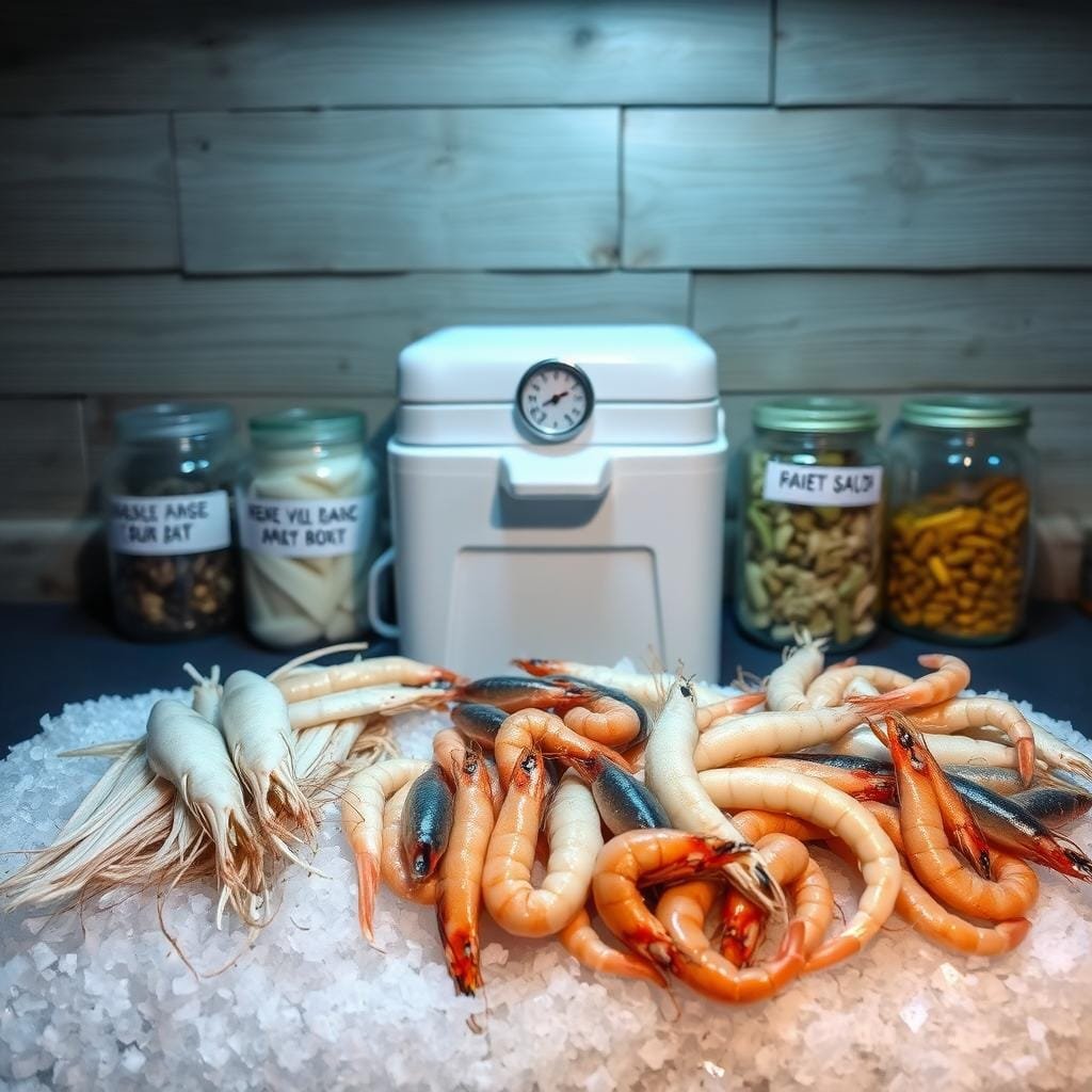 A well-lit, clean and organized bait station. In the foreground, an assortment of fresh, glistening bait - squid, mackerel, and shrimp arranged neatly on a bed of crushed ice. In the middle ground, a small cooler with a thermometer attached, maintaining the ideal temperature for prolonged bait freshness. Behind it, a row of clear jars filled with various scented and oiled baits, their potency ready to attract the most discerning shark. The background features a weathered wooden surface, evoking the rugged maritime setting. Soft, even lighting illuminates the scene, conveying a sense of professionalism and preparedness for a successful shark fishing expedition.