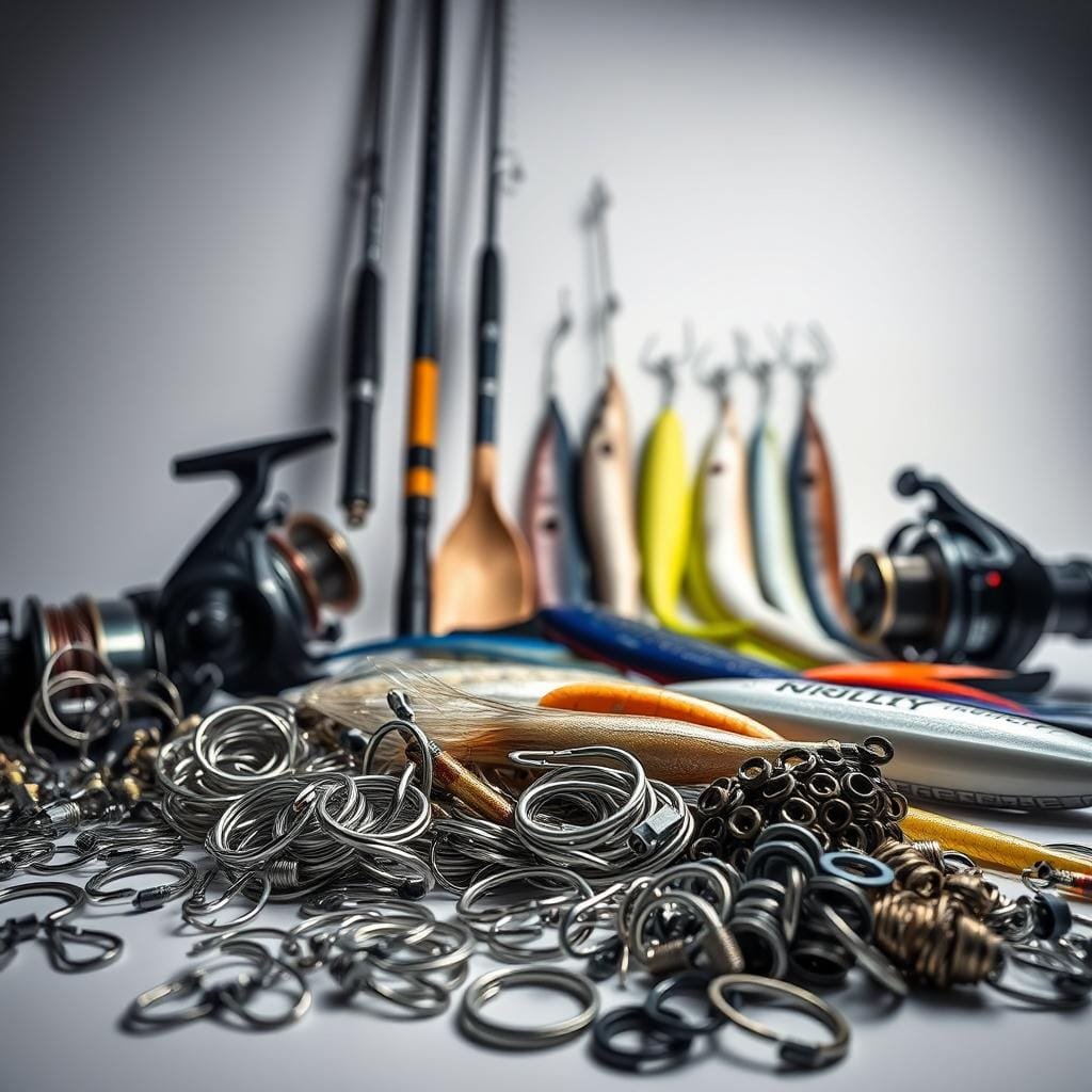 A well-lit close-up shot of an array of fishing gear and terminal tackle used for sailfish angling. In the foreground, a selection of high-quality circle hooks, swivels, and crimps in various sizes. In the middle ground, specialized rods and reels designed for targeting sailfish, with sleek carbon fiber constructions and powerful drag systems. In the background, a variety of live baitfish and lures, including ballyhoo, cigar minnows, and flashy teasers, all arranged neatly against a plain, uncluttered backdrop. The lighting is soft and diffused, emphasizing the textures and details of the equipment, creating a clean, professional visual that showcases the essential gear for converting more sailfish strikes.