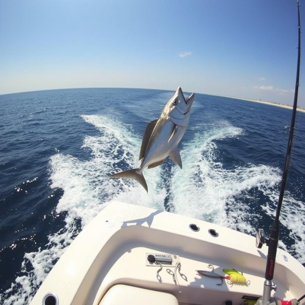 A wide, sun-drenched saltwater expanse, where a lone angler's boat glides silently, its wake rippling the surface. In the foreground, a massive king mackerel breaches, its silvery flank glistening as it slices through the waves. The middle ground features the angler's setup - a high-quality fishing rod, a well-maintained reel, and an array of meticulously selected lures and baits. In the background, a distant horizon of islands and beaches, hazy under the midday sun. Soft, warm lighting bathes the scene, creating a sense of tranquility and anticipation. The camera angle is slightly elevated, offering a panoramic view of the fishing action, inviting the viewer to experience the thrill of the hunt for these elusive, trophy-sized predators.