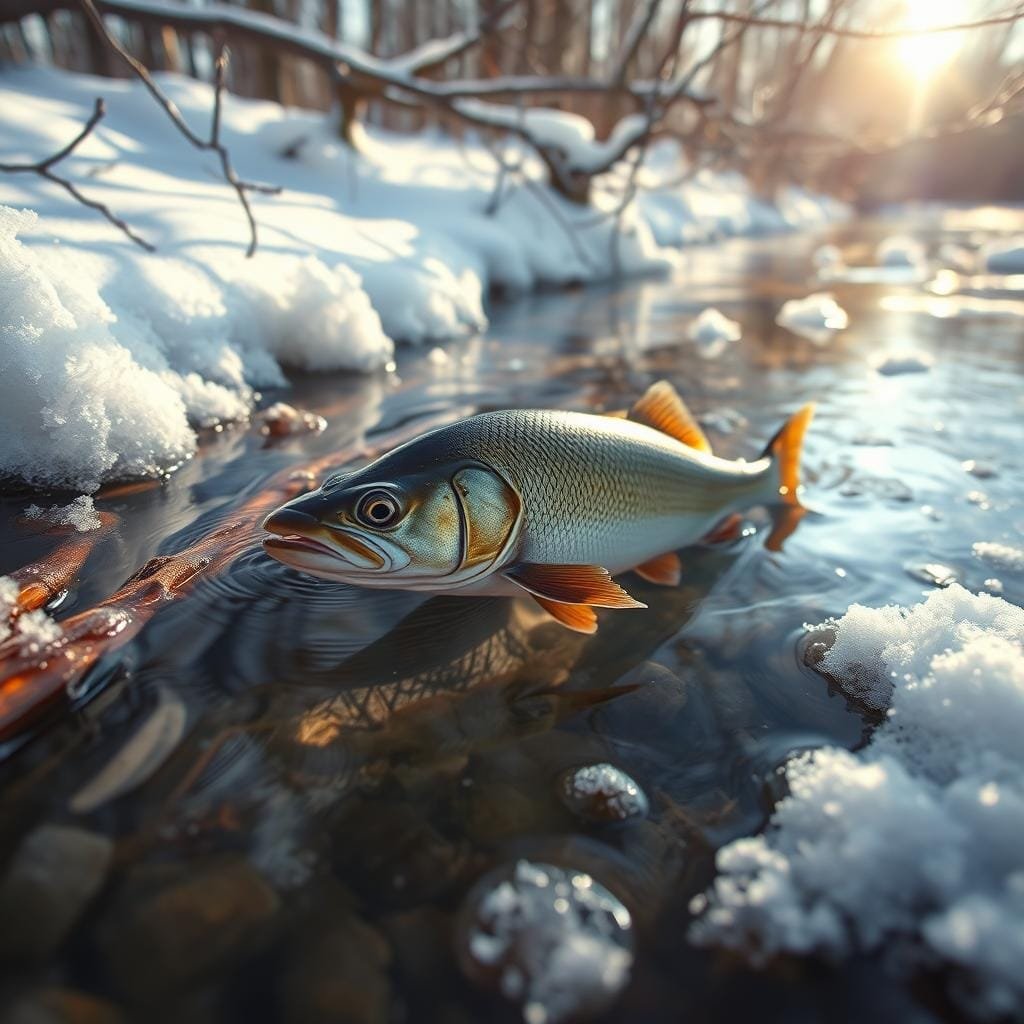 A winter riverbank cloaked in snow, a sauger fish cautiously navigating the icy waters, its sleek body gliding through the translucent depths. Sunlight filters through the bare branches, casting a warm glow on the scene. The sauger's large eyes scan its surroundings, alert for any sign of prey. Its fins propel it forward, and it darts between submerged logs and rocks, hunting for small minnows and crustaceans to sustain its winter foraging. The serene, muted tones of the environment heighten the drama of the sauger's focused, instinctive movements as it secures its next meal, perfectly adapted to the challenges of its chilly habitat. A winter riverbank cloaked in snow, a sauger fish cautiously navigating the icy waters, its sleek body gliding through the translucent depths. Sunlight filters through the bare branches, casting a warm glow on the scene. The sauger's large eyes scan its surroundings, alert for any sign of prey. Its fins propel it forward, and it darts between submerged logs and rocks, hunting for small minnows and crustaceans to sustain its winter foraging. The serene, muted tones of the environment heighten the drama of the sauger's focused, instinctive movements as it secures its next meal, perfectly adapted to the challenges of its chilly habitat.