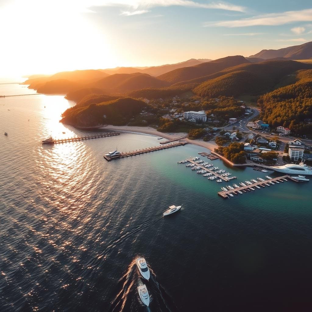 Aerial view of a coastal region in the United States, showcasing prime king mackerel fishing locations. The foreground depicts a sun-dappled ocean with boats dotting the surface, while the middle ground features a vibrant shoreline teeming with docks, piers, and coastal structures. In the background, rolling hills and lush, verdant forests create a picturesque, serene backdrop. The lighting is a warm, golden hour glow, casting a dreamlike quality over the scene. The composition is balanced, with a sense of depth and scale, inviting the viewer to imagine the thrill of trophy king mackerel fishing in these idyllic coastal settings.