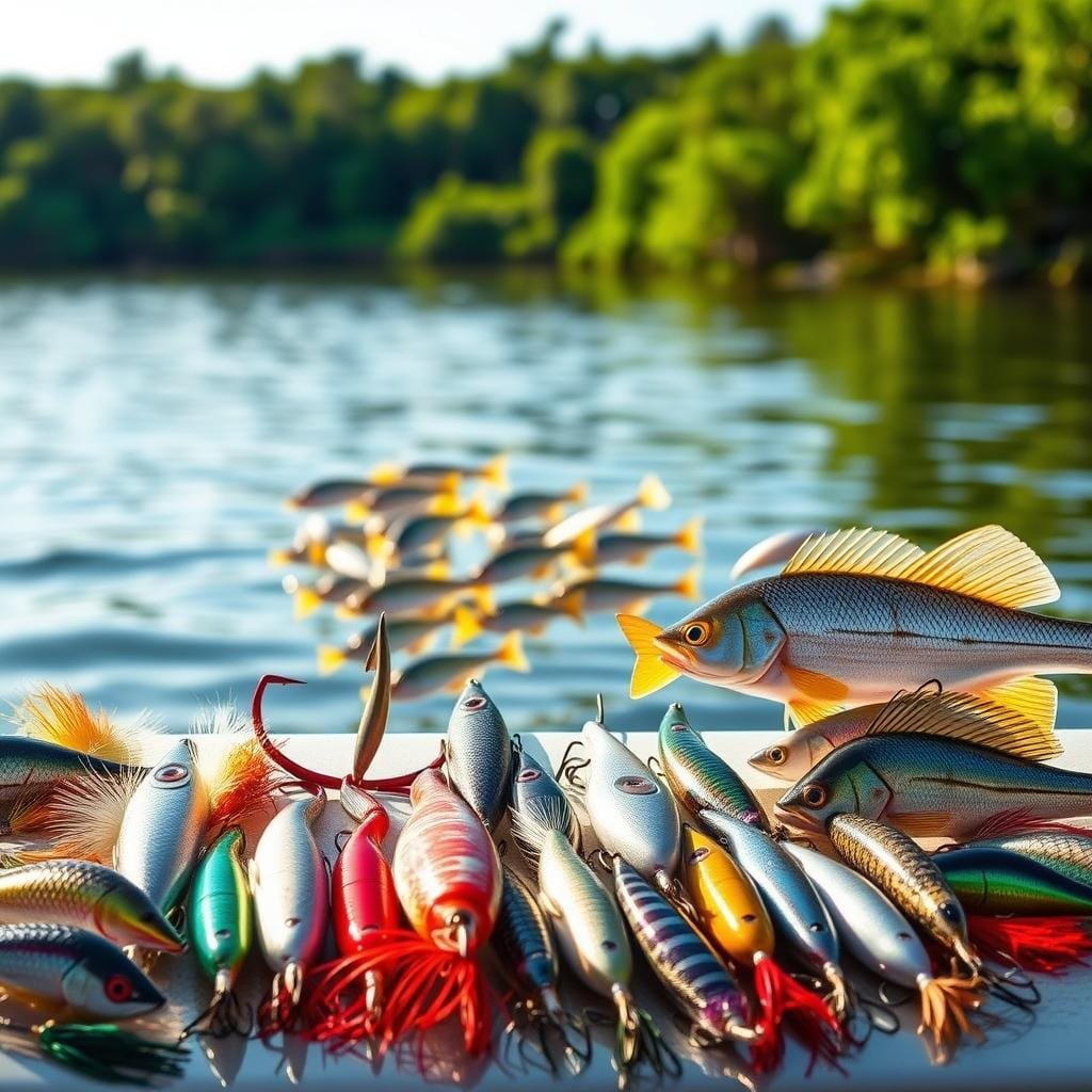 An array of lifelike fishing lures cast a vibrant display against a backdrop of glistening water. In the foreground, a selection of soft plastic baits, wriggling jigs, and meticulously crafted hard lures are arranged with precision, each one a testament to the ingenuity of artificial bait design. The mid-ground features a school of baitfish, their shimmering scales catching the warm glow of natural light filtering through the surface. In the distance, a lush, verdant shoreline frames the scene, hinting at the productive habitat that draws the elusive snook. The overall composition evokes a sense of anticipation, as if the viewer is about to embark on a quest to outsmart the cunning inshore gamefish with these artificial all-stars.