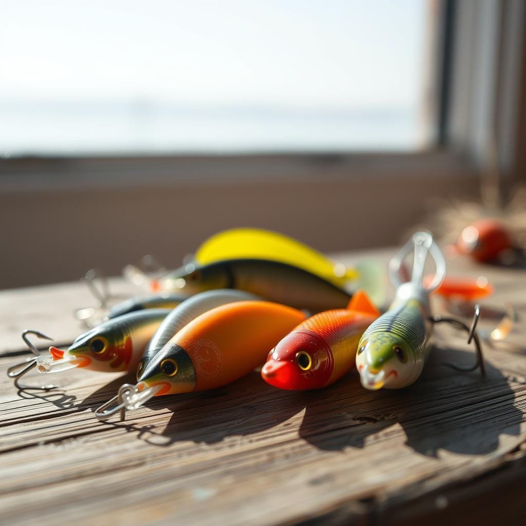 An assortment of soft plastic and epoxy-style fishing lures lie gracefully on a weathered wooden surface, illuminated by soft, diffused natural light streaming in from a nearby window. The lures feature a variety of textures, colors, and undulating shapes, capturing the allure of their movement in the water. In the background, a hazy, out-of-focus expanse suggests a clear, wind-swept lake or river, evoking the tranquil setting where these baits would be most effective. The scene is captured with a shallow depth of field, emphasizing the tactile quality of the lures and drawing the viewer's focus to their intricate details. An assortment of soft plastic and epoxy-style fishing lures lie gracefully on a weathered wooden surface, illuminated by soft, diffused natural light streaming in from a nearby window. The lures feature a variety of textures, colors, and undulating shapes, capturing the allure of their movement in the water. In the background, a hazy, out-of-focus expanse suggests a clear, wind-swept lake or river, evoking the tranquil setting where these baits would be most effective. The scene is captured with a shallow depth of field, emphasizing the tactile quality of the lures and drawing the viewer's focus to their intricate details.
