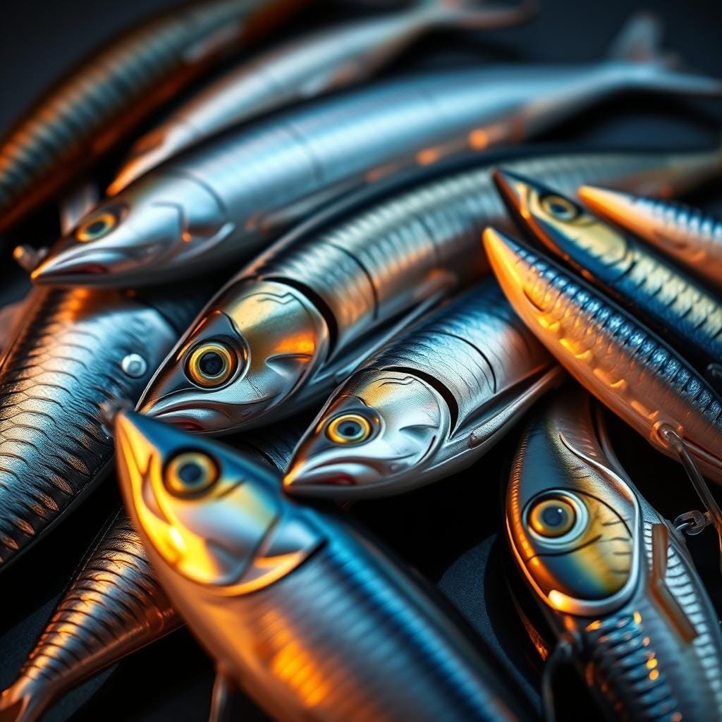 Crisp close-up of an array of proven artificial lures that convincingly mimic top forage species for tuna fishing. Lifelike silhouettes and textures of sardines, mackerel, and anchovies rendered in high detail under warm studio lighting, captured with a macro lens. The lures are arranged neatly on a dark background, conveying a sense of expertise and confidence in these effective bait imitations. Subtle reflections and shadows add depth and realism, showcasing the intricate craftsmanship of these premium fishing lures.