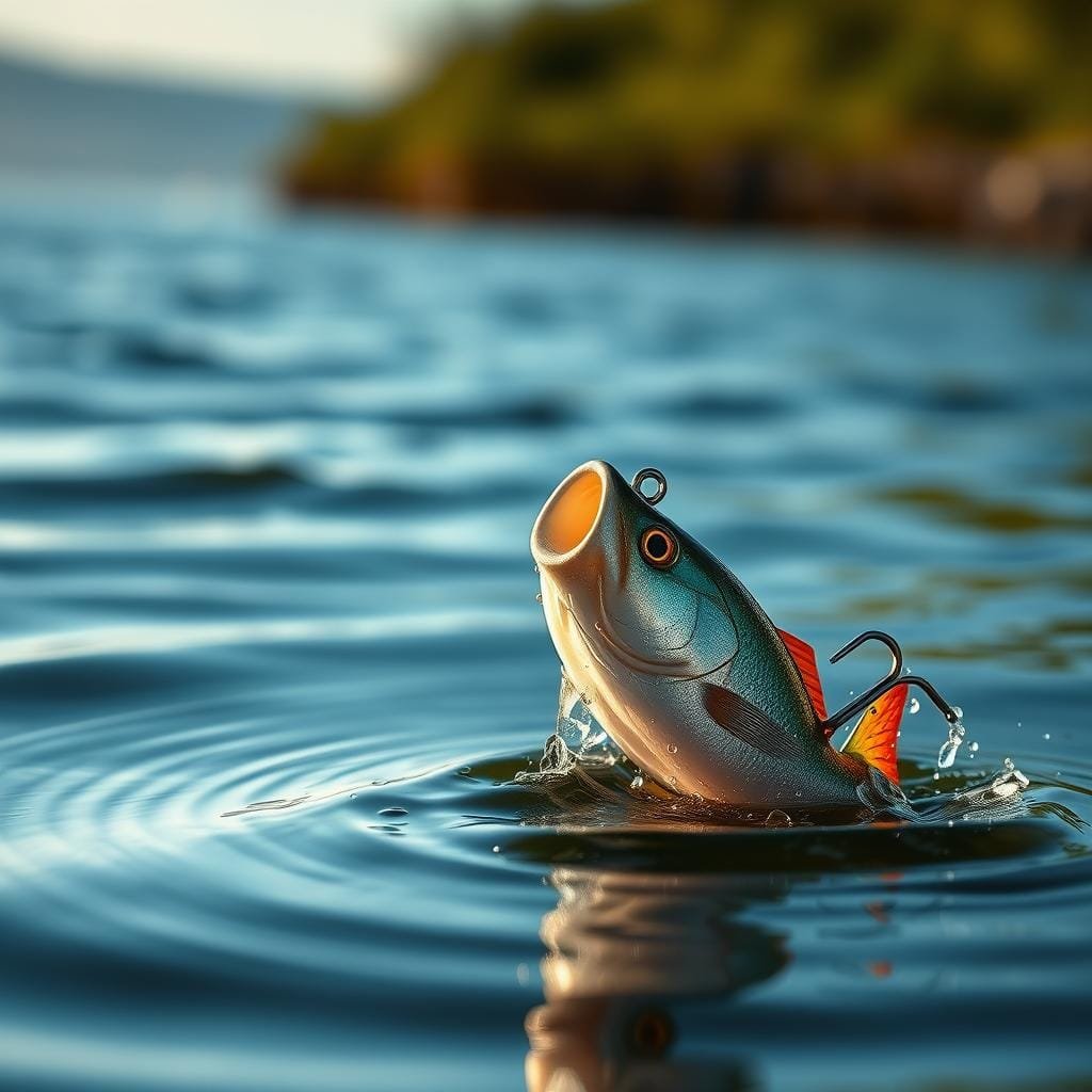 Detailed close-up of a fishing lure, a popper-style topwater bait, floating on the surface of a rippling lake. The popper's bulbous concave face and cupped shape create a dramatic splash and surface disturbance when retrieved, imitating an injured baitfish. Glistening water droplets cling to the lure's bright, reflective finish. The foreground is sharply in focus, while the blurred, hazy background suggests a serene natural setting with hints of verdant shoreline vegetation. Dramatic side lighting from the sun casts dramatic shadows, heightening the tactile, three-dimensional quality of the lure. An intense, thrilling mood captures the explosive energy of a predatory tuna erupting from the depths to strike the enticing topwater lure.