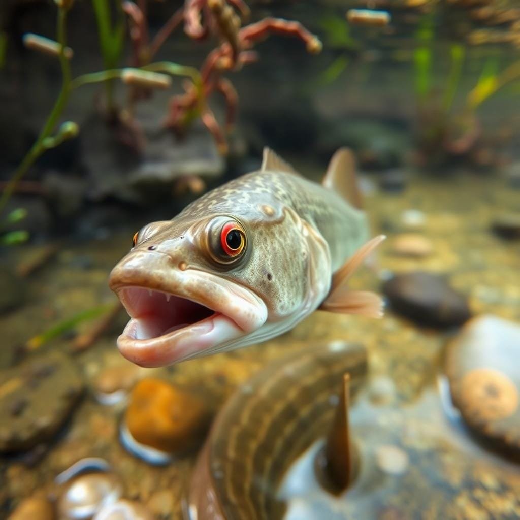 Detailed close-up photograph of a warmouth fish swimming in its natural habitat across the eastern and southern United States. The fish is captured in crisp focus, with its distinctive large mouth, red eyes, and olive-green mottled body clearly visible. The fish is framed against a blurred backdrop of aquatic plants, rocks, and shallow water, conveying a sense of the warmouth's freshwater river or lake environment. Soft, warm natural lighting illuminates the scene, creating a serene, naturalistic atmosphere. Captured at a medium camera angle to provide an immersive, eye-level perspective of the warmouth.