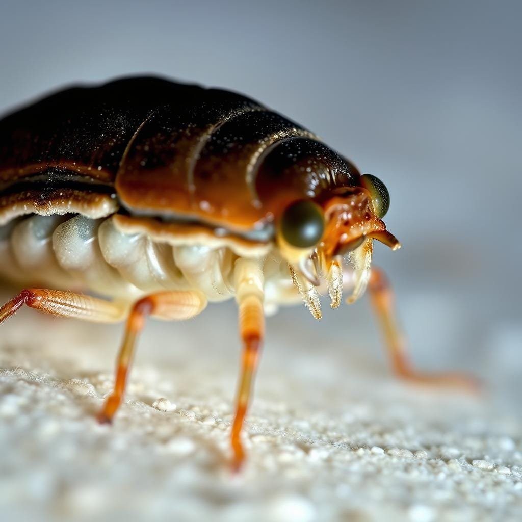 Detailed closeup of a sand flea, a small crustacean with a compact, oval-shaped body and numerous tiny legs. Textured carapace in shades of brown and grey, revealing intricate exoskeleton patterns. Compound eyes and antennae protrude from the head, conveying the flea's alert, curious expression. Soft, diffused lighting from the side accentuates the flea's compact, armored form against a blurred, ethereal background. Captured through a macro lens for maximum detail and clarity, showcasing the sand flea's unique anatomy and adaptations for its coastal, burrowing lifestyle.