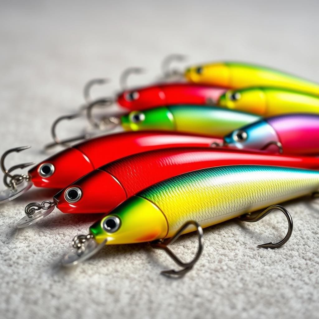 Detailed closeup of an assortment of jigging lures with leadheads in various colors, shapes, and weights. Vibrant shades of red, yellow, green, and blue lures lie on a textured surface, like suede or crushed velvet, with soft, even lighting that casts gentle shadows. The lures are arranged in a visually appealing, organized manner, showcasing their unique designs and characteristics. The image has a sleek, high-quality look, capturing the essential elements of successful sauger jigging tactics.