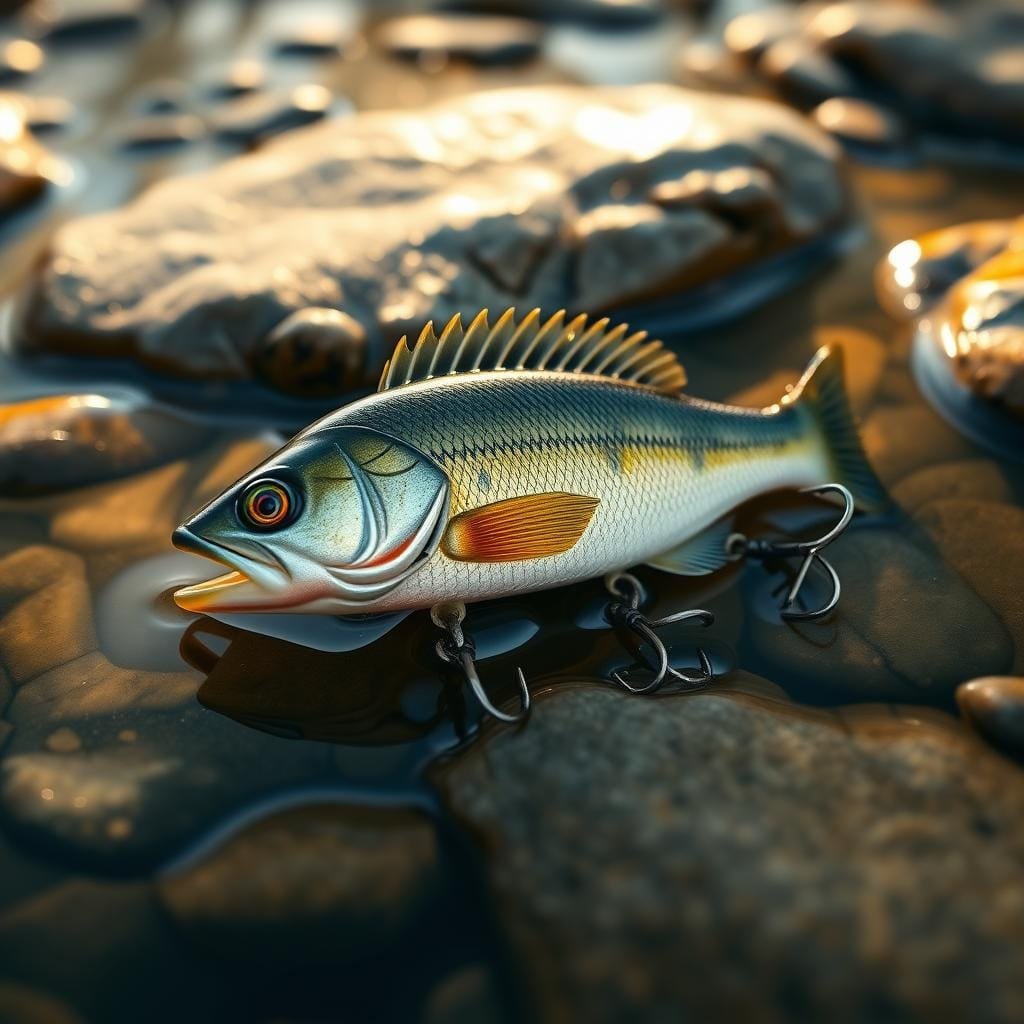 Detailed macro photo of a realistic smallmouth bass jerkbait lure, resting on a natural river rock background. The jerkbait is meticulously crafted, with a slender, streamlined body and a jointed, life-like design. Realistic scales, fins, and coloration capture the beauty of the natural fish. Warm, golden sunlight filters through the clear water, casting natural reflections and highlights on the lure's surface. The scene conveys a sense of tranquility and the promise of a trophy catch, inviting the viewer to imagine the jerkbait in action, twitching and darting to entice a big, hungry smallmouth bass. Detailed macro photo of a realistic smallmouth bass jerkbait lure, resting on a natural river rock background. The jerkbait is meticulously crafted, with a slender, streamlined body and a jointed, life-like design. Realistic scales, fins, and coloration capture the beauty of the natural fish. Warm, golden sunlight filters through the clear water, casting natural reflections and highlights on the lure's surface. The scene conveys a sense of tranquility and the promise of a trophy catch, inviting the viewer to imagine the jerkbait in action, twitching and darting to entice a big, hungry smallmouth bass.