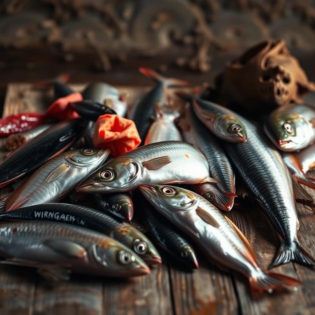 Detailed still life image of various red meat bait fish, including tuna, mackerel, jacks, and bonito, arranged on a wooden surface with a natural, earthy background. The fish are freshly caught, their glistening scales and vibrant colors contrasting against the muted tones of the setting. Soft, warm lighting illuminates the scene, casting subtle shadows and highlights to accentuate the textural details of the bait. The composition is balanced, drawing the viewer's eye to the center where the baits are displayed prominently. An atmospheric, almost cinematic quality permeates the image, conveying the excitement and anticipation of preparing for a successful shark fishing expedition.