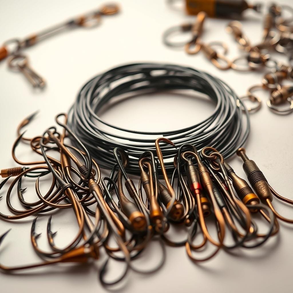 Detailed still life of fishing tackle: An arrangement of hooks, leaders, and terminal tackle designed to withstand the powerful jaws of a bowfin. Foreground features a selection of corrosion-resistant hooks in various sizes and styles, their sharp points glinting under warm studio lighting. Middle ground showcases a coiled leader of heavy fluorocarbon or wire, knotted and ready for the predatory fish. Background displays an assortment of terminal tackle including swivels, split rings, and lure components - all sturdy enough to brave the toothy onslaught of the ancient bowfin. Composition is balanced and symmetrical, with a clean white backdrop highlighting the rugged, utilitarian nature of the subject matter.