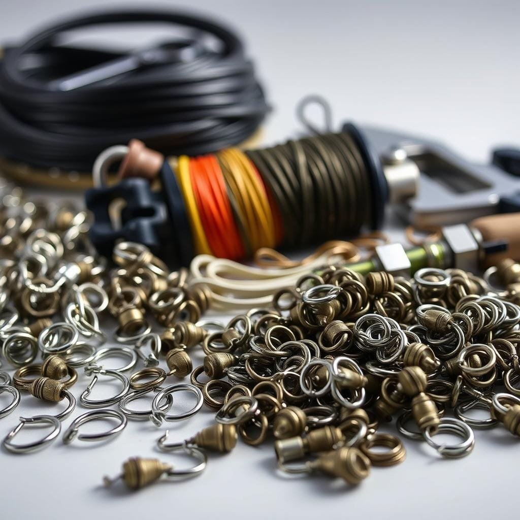 Detailed still life photograph of various fishing tackle and equipment. In the foreground, an array of sturdy hooks, swivels, and split rings. In the middle ground, an assortment of heavy-duty fishing line, leader material, and reinforced rigs. In the background, a selection of high-tensile rod guides, tackle clips, and specialized landing tools. Soft, even lighting illuminates the metallic surfaces and creates subtle shadows, emphasizing the rugged durability of the gear. The composition is balanced and symmetrical, conveying a sense of utility and preparation for landing trophy-sized flathead catfish.