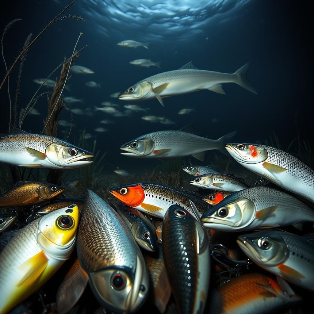 Detailed underwater scene featuring a group of diverse hardbaits including flatfish and wobblers. Foreground showcases several realistically rendered lures in various sizes, shapes, and colors, with intricate textures and details. Middle ground depicts a school of lake trout swimming amongst aquatic vegetation, while the background features a dimly lit, deep lake environment with subtle lighting and a sense of depth. Camera angle is slightly elevated to provide an immersive, lifelike perspective. Mood is somber and contemplative, highlighting the effectiveness of these specialized baits for targeting trophy lake trout.