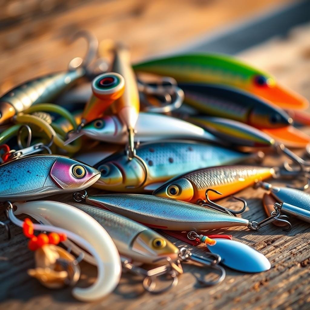 High-quality macro photograph of an assortment of artificial trout baits, including lifelike soft plastic lures, hard plastic crankbaits, and metal spoons, arranged on a natural wooden surface with a soft, out-of-focus background. The baits feature a variety of natural colors and patterns, designed to mimic different types of prey that trout feed on. Warm, directional lighting from the side highlights the intricate details and textures of the lures, creating a sense of depth and realism. The overall composition emphasizes the effectiveness of these carefully crafted artificial baits for catching both stocked and wild brook trout.