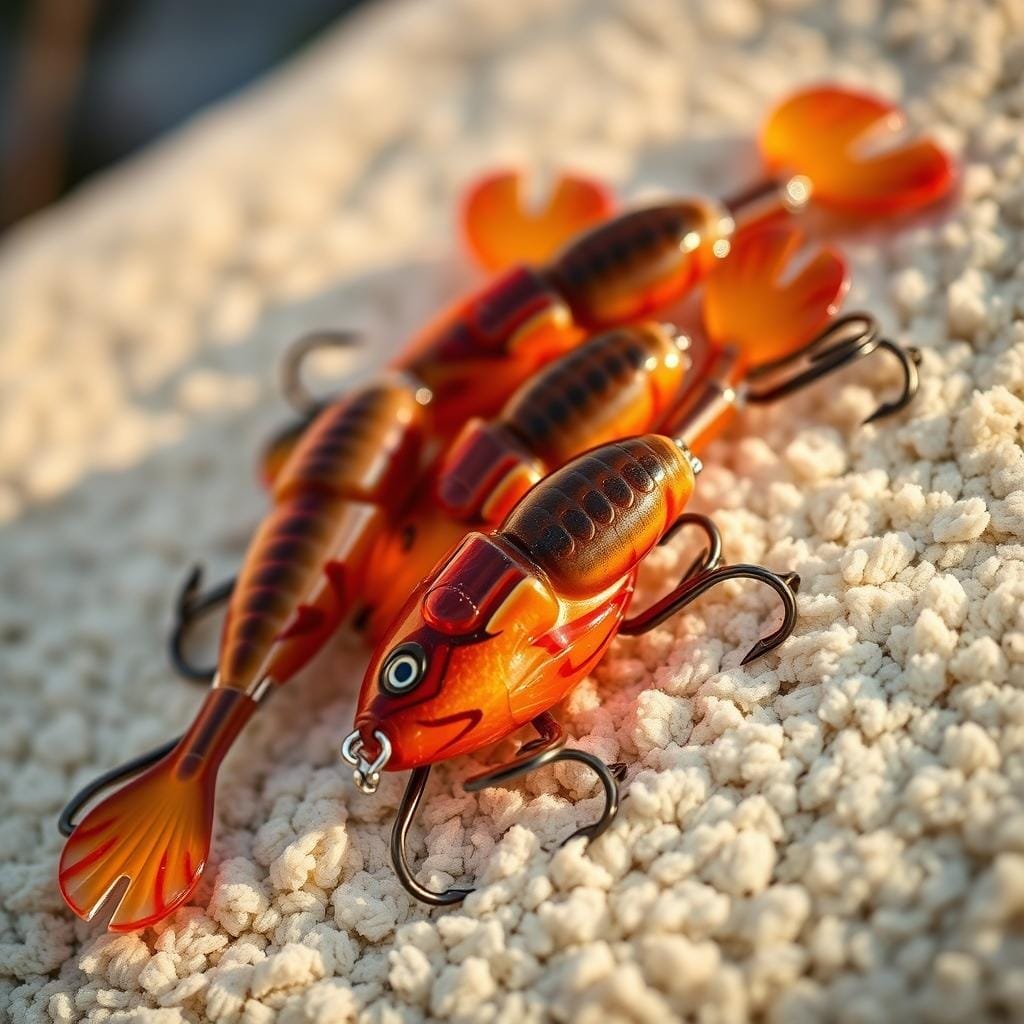 Realistic close-up of three detailed crankbait fishing lures, featuring vibrant crawfish-inspired color patterns of browns, oranges, and reds. The lures are lying on a soft, textured surface, creating a sense of depth and dimension. Warm, natural lighting illuminates the baits, highlighting their realistic textures and lifelike details. The overall composition suggests a springtime or late fall setting, evoking the ideal conditions for rock bass fishing with these specialized crankbaits.