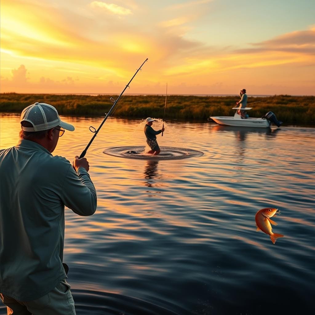 Scenic coastal landscape with calm waters and a vibrant sky. In the foreground, a skilled angler sight-casts a lifelike lure, their posture and focus conveying the thrill of the hunt. In the middle ground, another angler works a popping lure, creating a mesmerizing splash and wake. Further back, a third angler steadily jigs a bait, their subtle movements mirroring the fish's natural behavior. In the distance, a small boat trolls the horizon, its wake slicing through the tranquil surface. Warm, golden lighting bathes the scene, highlighting the textures of the gear and the intensity of the anglers' expressions. An evocative, cinematic composition that captures the essence of effective redfish presentation techniques.