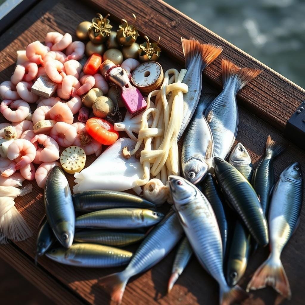 Scented and Prepared Baits for Easy Success A neatly arranged display of various fishing baits - fresh shrimp, cut squid, live minnows, and oily sardines - resting on a wooden surface. The baits are carefully prepared, some with added scents and seasonings to attract the targeted flounder. Soft natural lighting from the side creates subtle shadows, highlighting the textures and colors of the bait. A subtle hazy atmosphere evokes the serene ambiance of a quiet fishing spot. The scene conveys a sense of expertise and thoughtful preparation for a successful flounder fishing expedition.