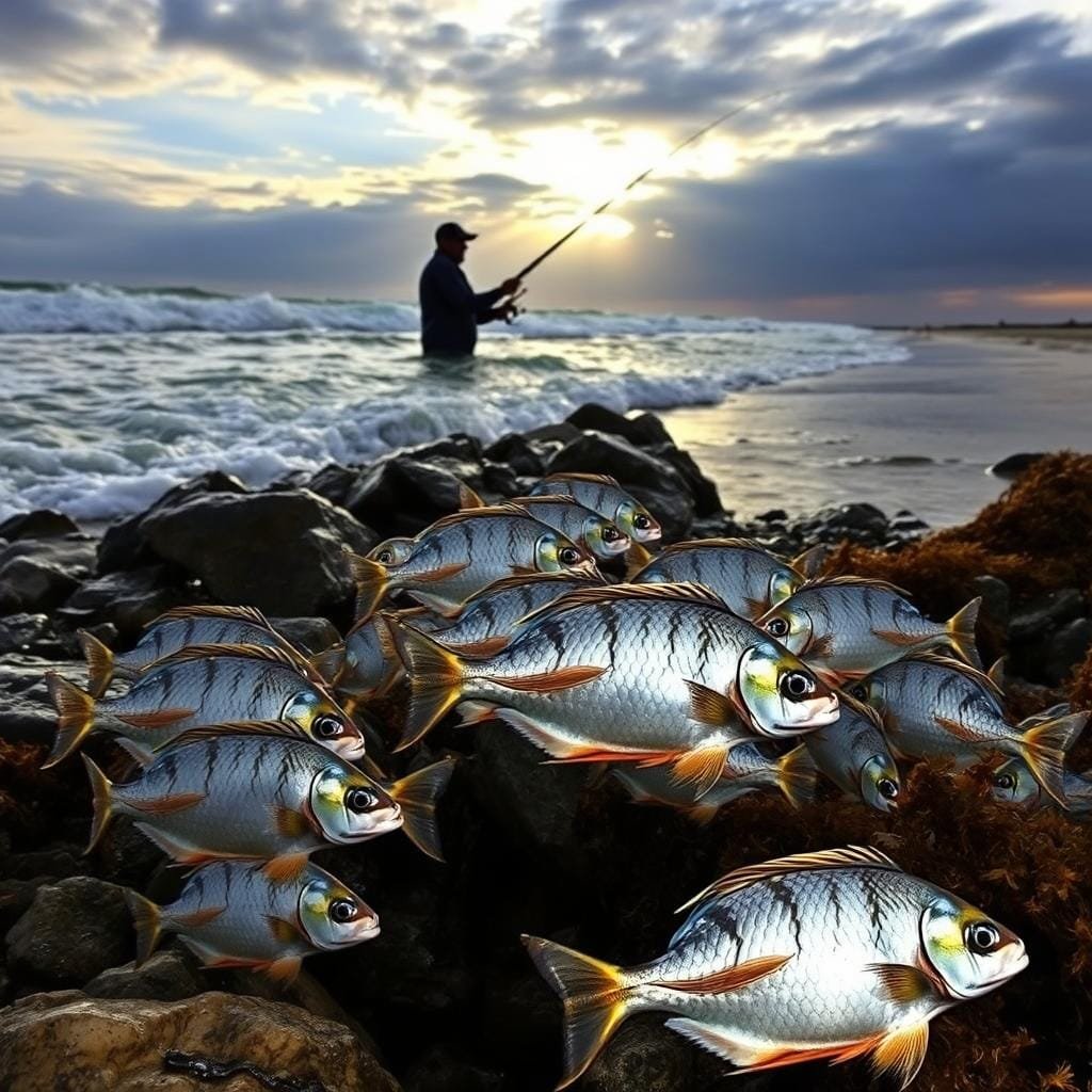 Seaside landscape with rolling waves, sun-dappled waters, and a sandy beach. In the foreground, a school of silver-scaled sheepshead fish swim among the rocks and kelp. In the middle ground, a fisherman casts a line, silhouetted against the setting sun. The background features a cloudy sky with a hint of the rising tide. The scene conveys the ebb and flow of the tides and the seasonal cycles that influence the best times to target these prized game fish.