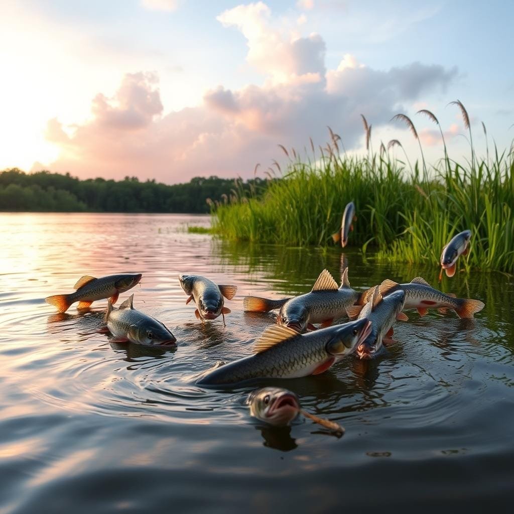 Seasonal Patterns: Prespawn Through Postspawn Feeding Windows A serene lake at dawn, ripples reflecting the soft light. In the foreground, channel catfish of various sizes rise to the surface, their whiskers breaking the calm water as they feed on a variety of baits - nightcrawlers, cut bait, prepared stinkbait. The mid-ground features lush, verdant vegetation on the shoreline, with tall grasses and reeds swaying gently in a light breeze. The background showcases dramatic clouds in hues of pink and orange, hinting at the transition of seasons. The scene is captured with a wide-angle lens, emphasizing the expansive and tranquil nature of the feeding window, a critical time for anglers to target these elusive but rewarding fish.