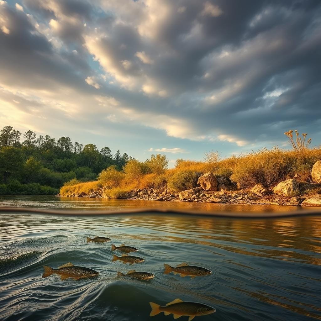 Seasonal Patterns and Prime Times to Target Saugers A photorealistic landscape depicting the optimal conditions for sauger fishing throughout the year. In the foreground, a tranquil river flows, its surface rippling with the movement of saugers below. The middle ground showcases a natural shoreline, with lush vegetation and rocky outcroppings that provide ideal cover for the elusive fish. In the background, a dramatic sky with shifting cloud patterns and subtle color gradients sets the mood, hinting at the changing seasons. The lighting is warm and diffused, creating a sense of depth and atmosphere. The composition emphasizes the relationship between the sauger's behavior and the environmental cues that signal the prime times for anglers to target them.