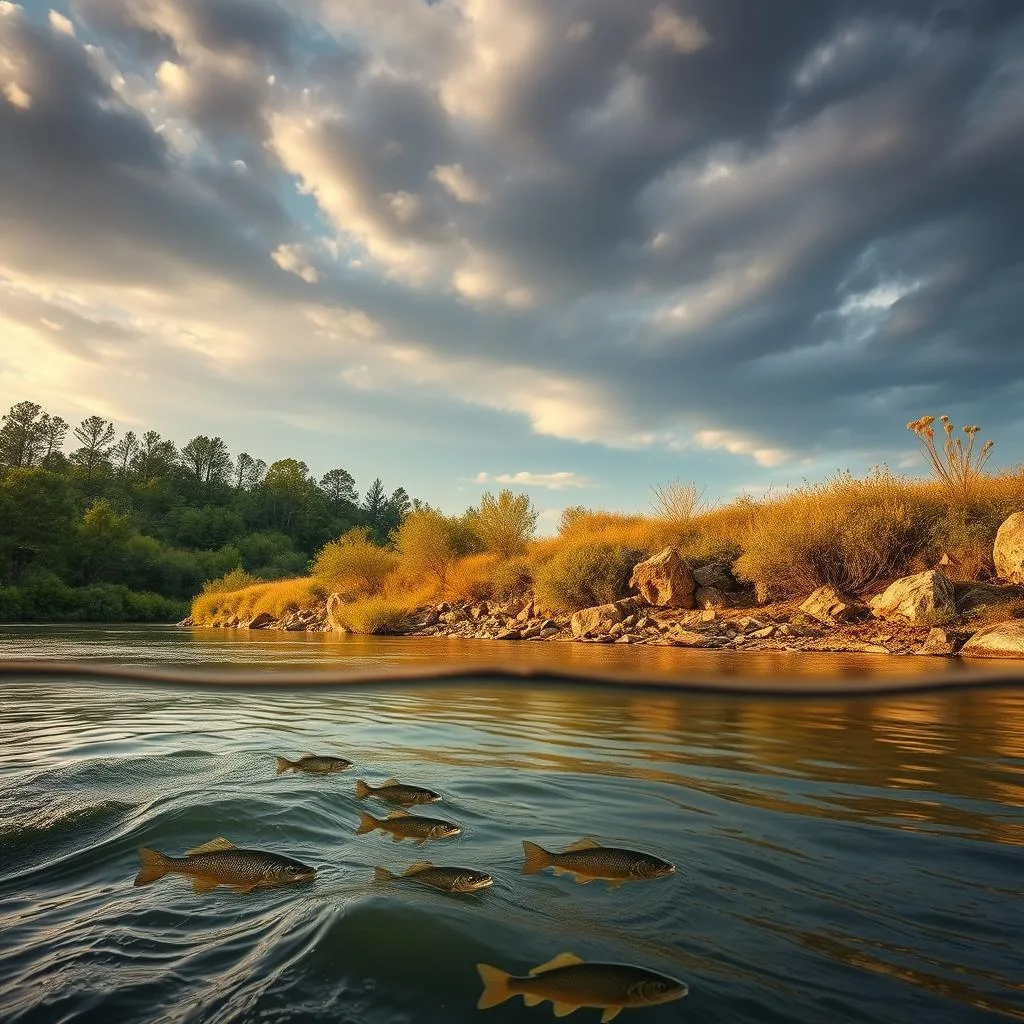 Seasonal Patterns and Prime Times to Target Saugers A photorealistic landscape depicting the optimal conditions for sauger fishing throughout the year. In the foreground, a tranquil river flows, its surface rippling with the movement of saugers below. The middle ground showcases a natural shoreline, with lush vegetation and rocky outcroppings that provide ideal cover for the elusive fish. In the background, a dramatic sky with shifting cloud patterns and subtle color gradients sets the mood, hinting at the changing seasons. The lighting is warm and diffused, creating a sense of depth and atmosphere. The composition emphasizes the relationship between the sauger's behavior and the environmental cues that signal the prime times for anglers to target them.