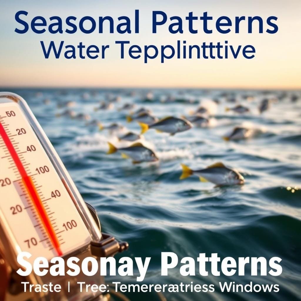 Seasonal Patterns and Water Temperature Windows for pompano: A serene coastal scene, with a focus on the water temperature and seasonal variations. The foreground depicts a thermometer partially submerged, displaying the ideal water temperature range for pompano. In the middle ground, schools of pompano fish gracefully navigate the waves, their movements influenced by the changing seasons. The background showcases a tranquil seascape, with a softly fading horizon and a subtle color palette reflecting the current season. The lighting is warm and natural, casting a gentle glow over the entire composition. The overall mood is one of informative yet calming presentation, guiding the viewer through the optimal conditions for this prized game fish. Seasonal Patterns and Water Temperature Windows for pompano: A serene coastal scene, with a focus on the water temperature and seasonal variations. The foreground depicts a thermometer partially submerged, displaying the ideal water temperature range for pompano. In the middle ground, schools of pompano fish gracefully navigate the waves, their movements influenced by the changing seasons. The background showcases a tranquil seascape, with a softly fading horizon and a subtle color palette reflecting the current season. The lighting is warm and natural, casting a gentle glow over the entire composition. The overall mood is one of informative yet calming presentation, guiding the viewer through the optimal conditions for this prized game fish.