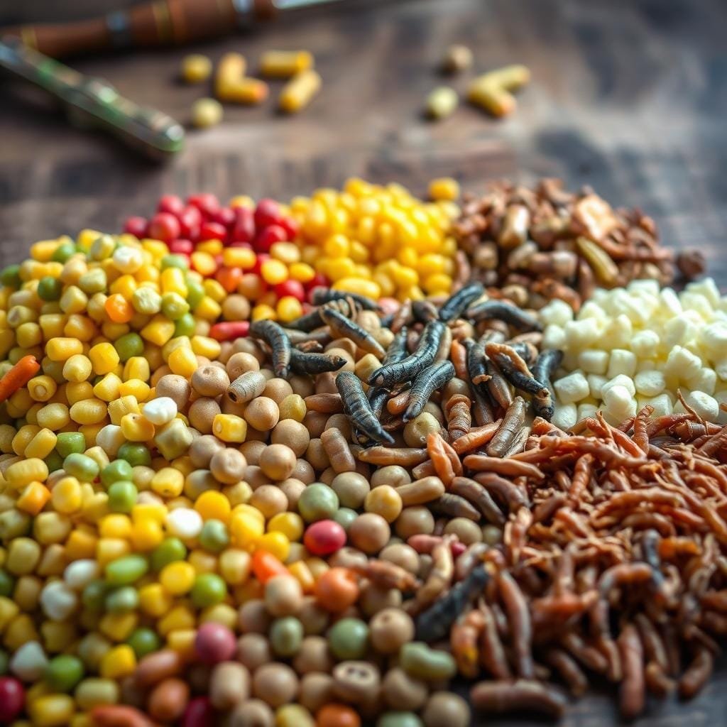 Seasonal carp baits arranged in a visually appealing display. In the foreground, an assortment of natural baits such as corn kernels, boilies, and oily pellets in vibrant spring greens, summer yellows, autumn reds, and winter whites. The middle ground features a variety of worms, maggots, and casters in earthly tones. In the background, a rustic wooden surface with fishing tackle and a subtle gradient to suggest the changing seasons. Soft, natural lighting illuminates the scene, highlighting the textures and colors of the baits. The overall composition conveys the idea of a well-thought-out seasonal strategy for carp fishing.